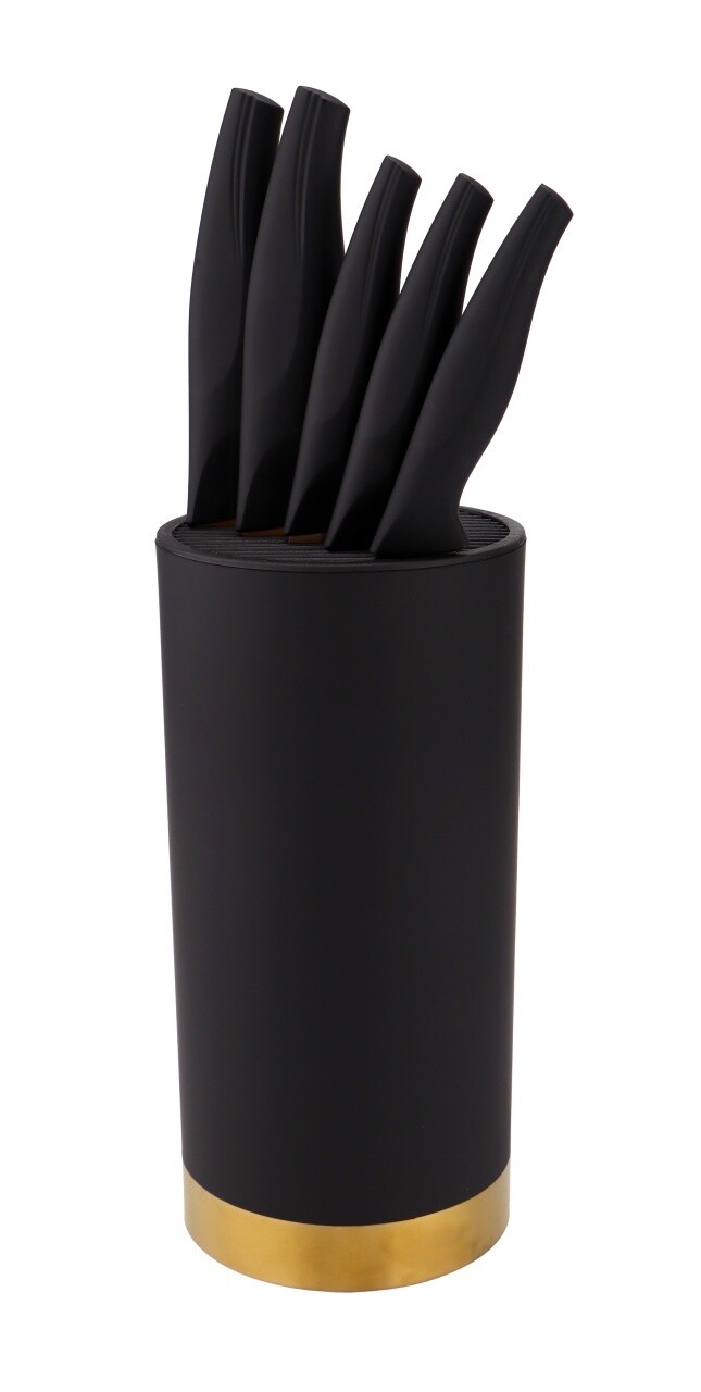 Set 5 cutite si suport Royal, Ambition, 16x11.5x36 cm, otel, negru/auriu - imagine 6
